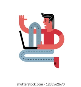 A man is sitting with a laptop. Online training. A man works on a computer. Vector illustration in flat style.
