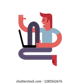 A man is sitting with a laptop. Online training. A man works on a computer. Vector illustration in flat style.