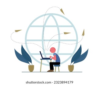 Man sitting at laptop, organizing and managing time. People plan and control time when doing different tasks. Process of managing schedule. Vector flat illustration in blue colors