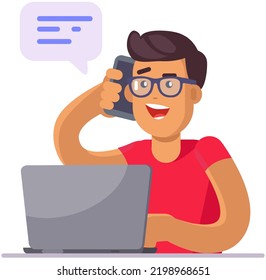 Man sitting with laptop and smartphone. Manager typing on computer and talking on phone. Office employee working on Internet, communicating. Freelancer during work with technology, multitasking