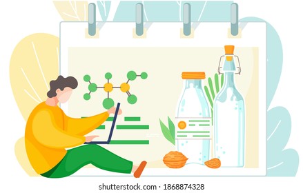 A man sitting with a laptop and studying vegan milk formula, organic and healthy cow beverage alternative. Vegetarian almond, oat, rice, soya and hazelnut water. Delicious raw white drink in bottles