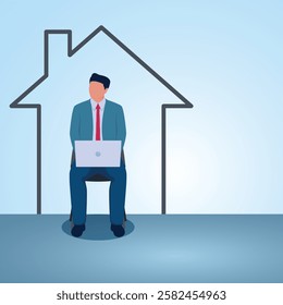 A man sitting with a laptop surrounded by lines forming a house. Illustration for remote work, work from home and freelancing from anywhere.