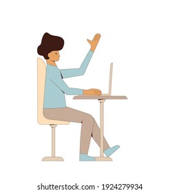 Man sitting with laptop and take part in online conference. Line art flat vector character isolated on white background. 
