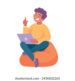 Hombre sentado con el ordenador portátil y hablando ilustración vectorial