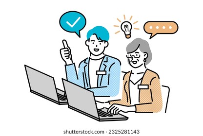 man sitting at laptop talking to woman office worker	
