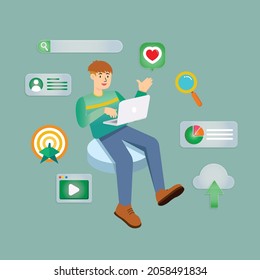 Hombre sentado con un portátil. Ilustración vectorial. Diseño moderno y plano de las redes sociales