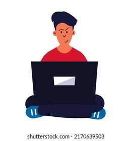 Man sitting with laptop vector illustration. Young person with business computer and work on internet. Character  office job and professional working employee. Workplace at home and guy freelancer