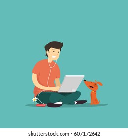 man sitting with laptop. Vector illustration.