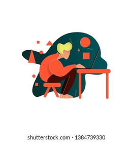 Man sitting at the laptop wearing orange sweater and commiting order. Life of freelancer concept. Vector file