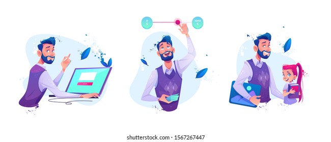 Man sitting at laptop with web page on screen make online order, businessman moving slider switch button for adjustable price or budget money limits, teacher and schoolgirl Cartoon vector illustration