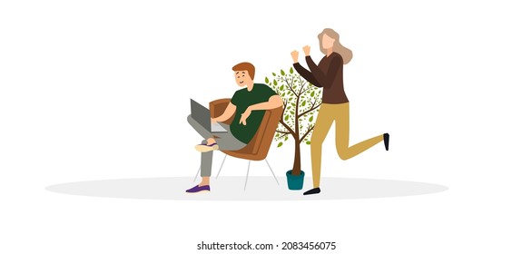 hombre sentado en una laptop e ilustración de vector de trabajo