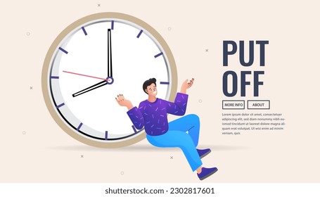man sitting and leaning on the clock. Break time and time management concept. Vector illustration of business. svg