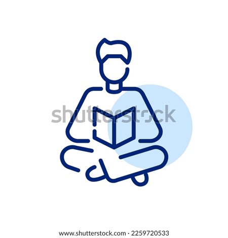Man sitting with legs crossed reading a book or magazine. Pixel perfect, editable stroke line icon