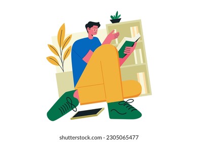 man sitting in the library and reading a book for study and literature vector illustration design