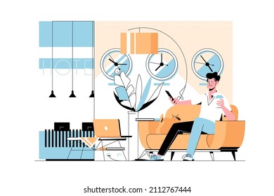 Man sitting in lobby vector illustration. Person with cup of coffee surfing on internet flat style. Client waiting for meeting in hotel. Business and good service concept. Isolated on white background