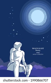 Man sitting lonely under the beautiful moon light, vector drawing style