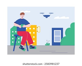 A man is sitting and looking at a cityscape with a remote control, enjoying a drone. Design character. Vector flat illustration