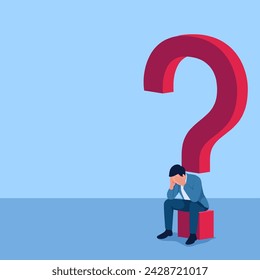 Man sitting looking confused under question mark, metaphor for uncertainty. Simple flat conceptual illustration.