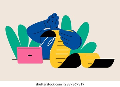 Man sitting and looking at long check list. Paperwork and daily routine concept. Colorful vector illustration
