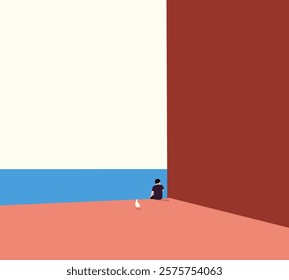 Man sitting and looking ocean view on building with white bird. Minimal nature landscape art design. 