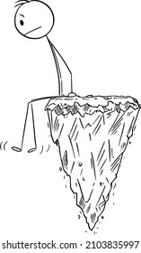 Man sitting lost and alone on Flying Rock, vector cartoon stick figure or character illustration.