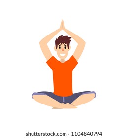 Man sitting in lotus pose with arms raised above his head, young man practicing yoga vector Illustration on a white background