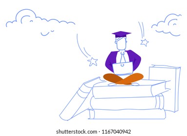 man sitting lotus pose book stack using laptop successful online education concept student graduation cap studying process sketch doodle horizontal vector illustration