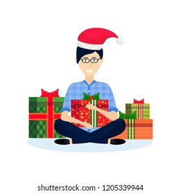 man sitting lotus pose gift box decoration new year merry christmas concept flat male cartoon character isolated vector illustration
