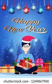 man sitting lotus pose gift box balls decoration new year merry christmas concept flat male cartoon character vertical