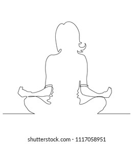 A man sitting in a lotus pose painted with a single black line on a white background. One-line drawing. Continuous line. A girl in a lotus pose. Vector Eps10
