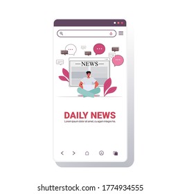 man sitting lotus pose reading online newspaper daily news on laptop press mass media concept smartphone screen mobile app copy space vector illustration