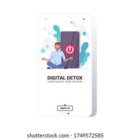man sitting lotus pose smartphone with turn off button on screen digital detox concept guy abandoning internet and social networks full length copy space vector illustration