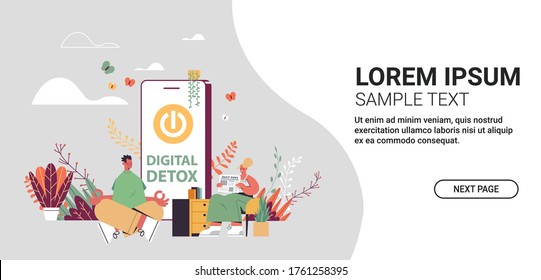 man sitting lotus pose woman reading book couple spending time without gadgets digital detox offline activities concept abandoning internet social networks full length vector illustration