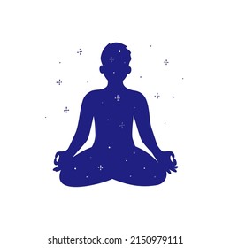 Man sitting in lotus pose of yoga. Universe, night sky, stars inside of guy silhouette. Mental detox, relax, meditation. Male character zen like meditating. Mindfulness, body care vector illustration