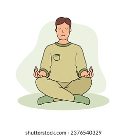 El hombre sentado en el loto posa yoga. Un niño sonriente sentado en un loto posando con los ojos cerrados y disfruta de su libertad y su vida. Concepto de salud mental y mental. Ilustración vectorial en estilo plano