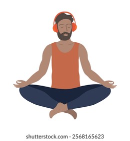 Man sitting in lotus position and listening guided meditation with earphones.