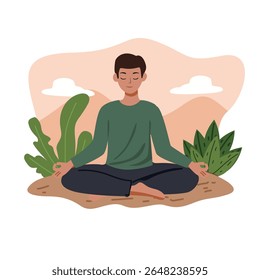 Man sitting in the lotus position meditating with a serene expression amongst stylized plants and earthy tones creating a peaceful and calm scene, ideal for wellness or lifestyle visuals.