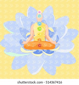  man sitting in lotus position meditating with chakra. vector illustration