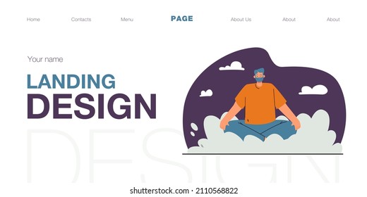 Man sitting in lotus position on cloud. Sky in background. Cheerful bearded male person relaxing flat vector illustration. Yoga, meditation concept for banner, website design or landing web page.