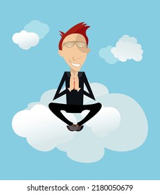 Man sitting in lotus position on the clouds. 
Man with eyes closed prays or meditates sitting as yoga on the clouds. Sky in background 
