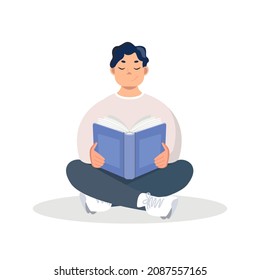 A man is sitting in the lotus position and reading a book. Education, reading, self-development. Vector illustration in cartoon style, isolated on a white background