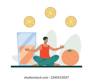 Man sitting in lotus position, ready to drink juice with fruits. Healthy lifestyle concept. Choose drink with fruits and vitamins. Natural products for eat concept. Flat vector illustration