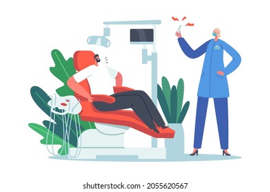 Man Sitting in Medical Chair in Stomatologist Cabinet Feel Fear before Dental Treatment. Doctor Character Conducting Teeth Medical Check Up of Patient Oral Cavity. Cartoon People Vector Illustration