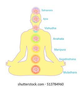 man sitting meditating with chakra, lotus. vector illustration