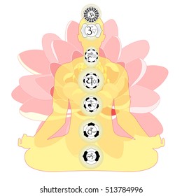 man sitting meditating with chakra, pink lotus. vector illustration