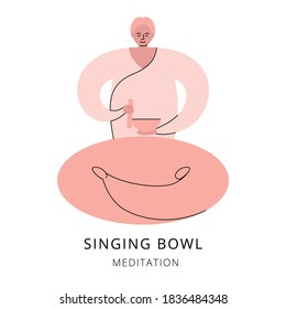 Man is sitting and meditating with a tibetan singing bowl. Ayuverda, meditation and relaxation. Vector flat illustration
