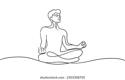 Man sitting in meditation continuous line art drawing isolated on white background. Concentration line art drawing. Vector illustration