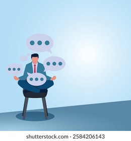 A man sitting in meditation on a chair surrounded by chat bubbles. Illustration for fighting yourself, self-confidence and being positive.