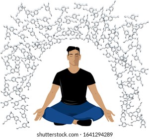 Man sitting in a meditation pose practicing a dopamine fast, EPS 8 vector illustration