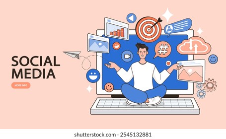 Man sitting with megaphone in computer screen. Search result optimization, Business Analysis. marketing analytics. targeting and monitoring. Blogging and Social Media Networking. Vector Illustration.